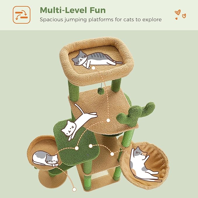Cactus Cat Tree for Large Cats, 59" Tall Cat Tower with Spacious Condo, Large Hammock, Scratching Posts and 2 Perches, Sturdy Play House for Indoor Cats, Green
