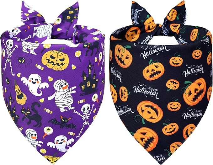 Halloween Dog Bandanas 2-Pack for Medium to Large Dogs - Reversible Ghost Pumpkin Print Scarf - Brown & Black for Costume Parties