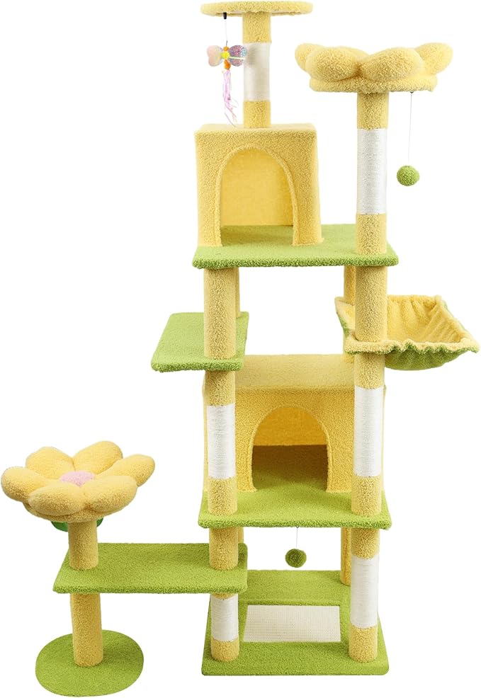 71" Tall Flower Cat Tree with Large Cat Condo, Hammock & Removable Flower Cushions – 8-Level Pink Cat Tower for Multiple Cats, Large Cats up to 20 lbs, Sisal Scratching Posts (Yellow)