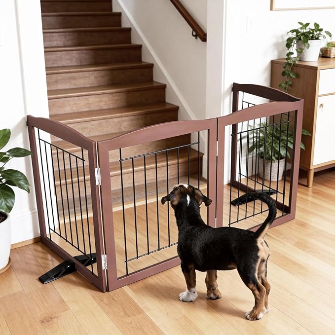 ZJSF Freestanding Dog Fence Indoor, Foldable Dog Gate for Doorways, Stairs or Hallways, Sturdy Wood Extra Wide Pet Gate with Support Feet for The House, Brown, 24 "Height-2 Panels