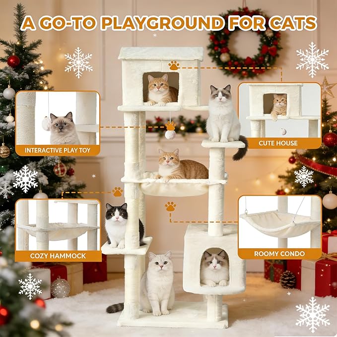 KAWHBET 64in Cat Tree,Cute Big Multi-Level Cat Tower Cat Tower W/Scratching Post,Apartment,and Extended Platform for Cats to Play and Sleep,Cat Tree for Indoor Cats Large Adult (White)