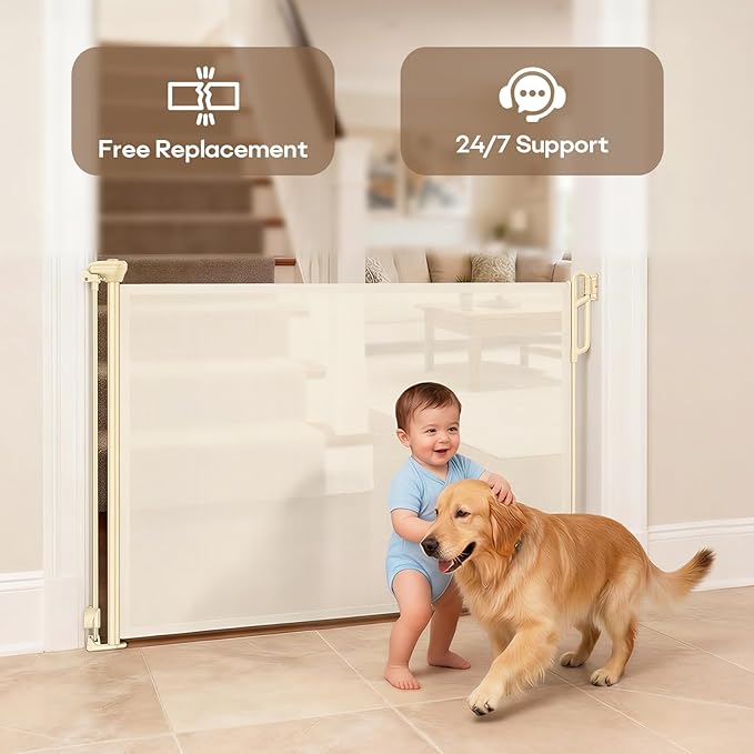 Retractable Safety Baby Gate or Mesh Dog Gate,Durable Portable Mesh Retractable Gate,Easy to Use for Stairs, Doorways, Hallways, Indoor, Outdoor, 33.5" Tall, Up to 55" Wide, Cream