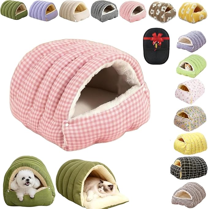 Removable and Washable Winter Closed-Off Cat Bed, Cutypet Winter Cave, Warm Foldable Secure Pet Nest for Indoor Cats & Small Dogs, Comfor Plush Snuggle Hut for Kitty, Puppy, Pets (Linen-Pink,M)