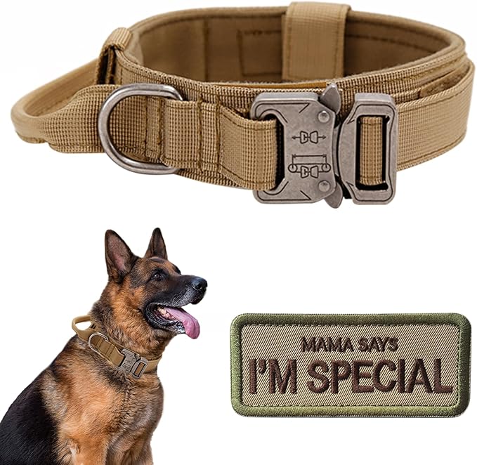 Tactical Dog Collar with Handle - Military Adjustable Dog Training Collar Soft Nylon and Heavy Duty Metal Buckle for Medium Large Dogs - with Patch (Brown, Medium)