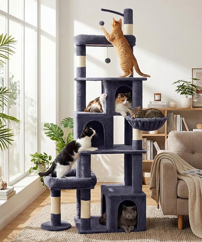 Heavy Duty Cat Tree for Indoor Cat, 74 Inch Cat Tower with Scratching Post, Hanging Basket, Cat Condo with Large Platform for Large Cats, PMT04DG, Dark Grey