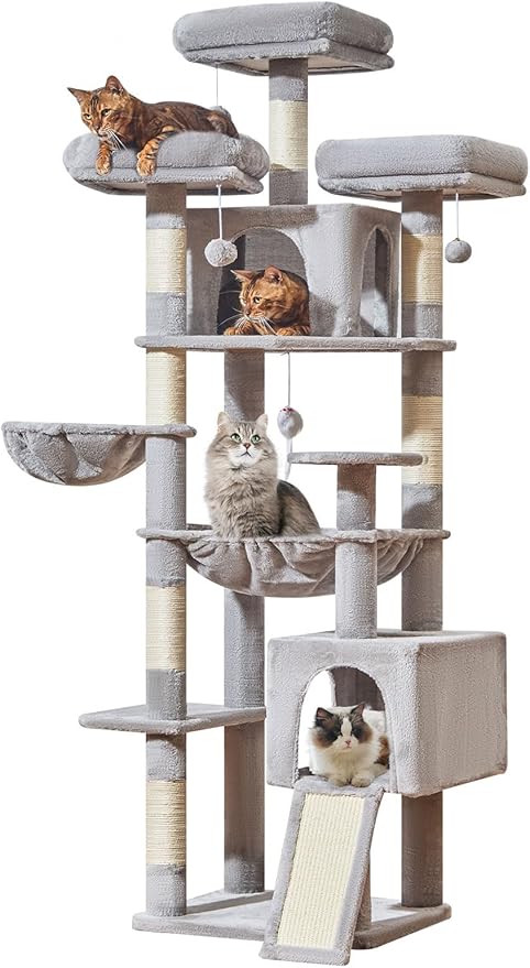 Taoqimiao 76-Inch Cat Tree XXL for Large Cats, Giant Cat Tower with Scratching Board, Extra-Large Metal Hammock, 3 Perches, 7 Sisal Posts, 2 Big Condos, Hanging Basket, Light Gray, MS047W
