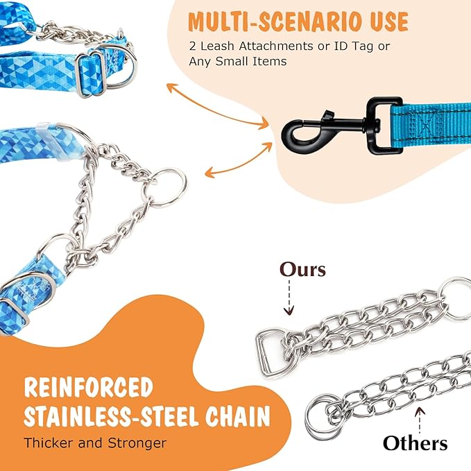 Martingale Dog Collar with Stainless Steel Chain, No Pull Slip Cinch Choker Choke Collar Training Escape Proof Heavy Duty Dog Collar for Medium Large Extra Large Pet Boy Male Dogs, Blue L