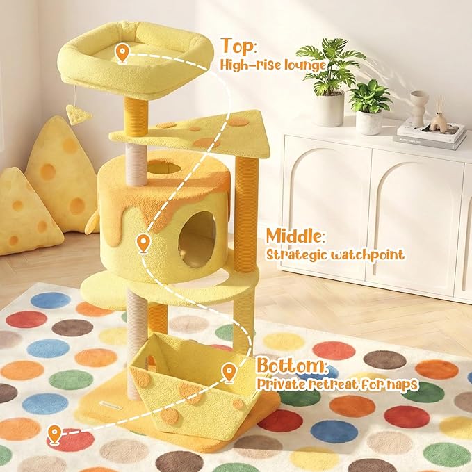 Happy & Polly Cat Tree, Cats, 53.2x22.4x18.1 Inches, All Breed Sizes, Climbing, Indoor, Wood and Sisal, Floor Mount, Modern