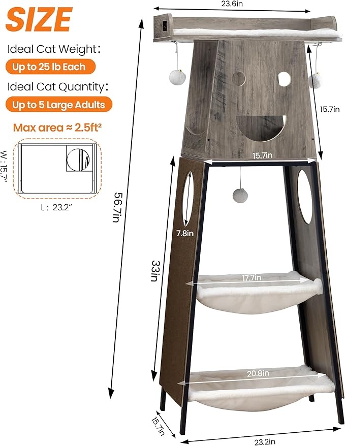 Modern Wood Cat Tree for Indoor Large Cats, 56 Inch Tall Cat Tower with Perch Bed, Multi-Level Trees with 2 Hammock, Cat Condo, Scratching Board, Removable Pads, Cat Furniture, Greige