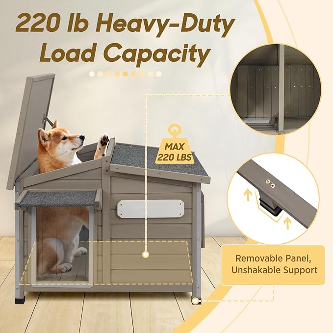 Outdoor Wooden Dog House for Small Dogs, Weatherproof Winter Dog Kennel with Openable Roof & Window, Chew-Resistant Frame, Cozy Indoor Shelter (Grey, 34" D x 22" W x 26.5" H)