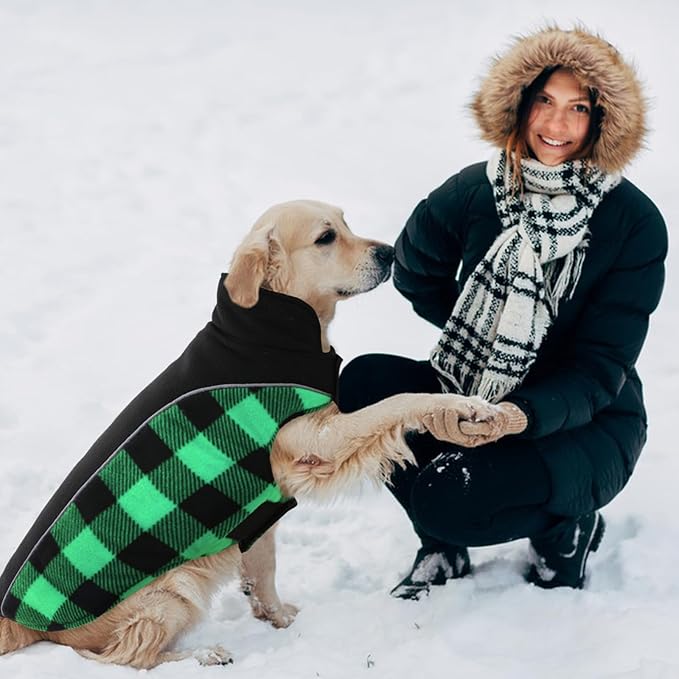 Kuoser Dog Winter Coat, Reversible Waterproof Dog Jacket with Reflective Strip, Warm Dogs Fleece Vest Adjustable Doggy Cold Weather Clothes Plaid Christmas Outfit Pet Apparel for Large Dogs, Green XL