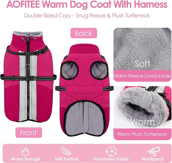 AOFITEE Dog Coat, Windproof Turtleneck Dog Jacket with Built in Harness, Reflective Dogs Jackets with Fleece Lining, Waterproof Pet Winter Coat for Cold Weather for Border Collie, Beagle, Hot Pink XL