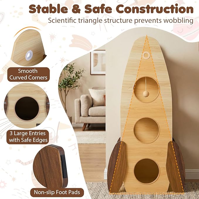 PETSITE 47-inch Rocket-Shaped Wood Cat Tree, Multi-Level Modern Cat Tower with Large Double-Layer Condo, Interactive Hanging Ball and Detachable Sisal Mats, Ideal for Indoor Cats