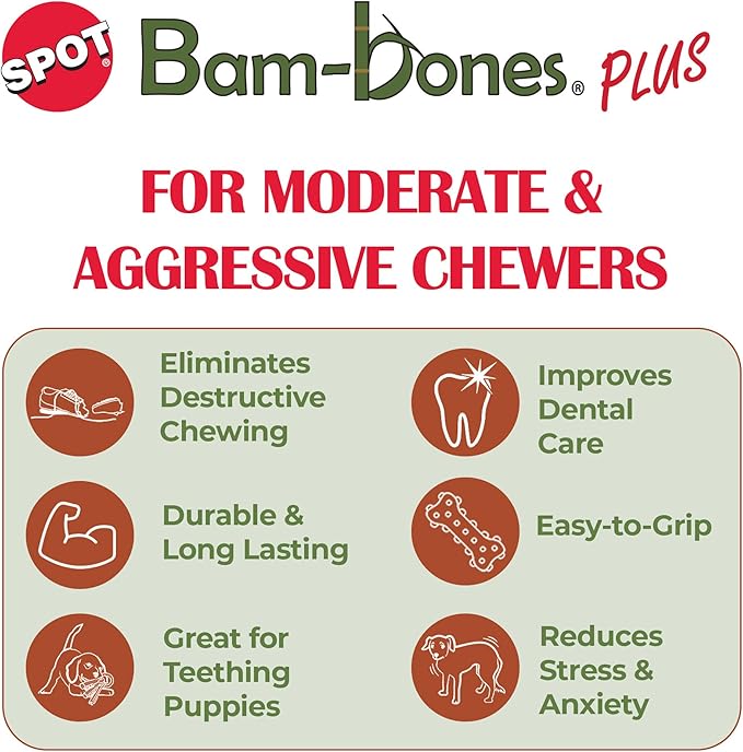 SPOT Bam-Bones Plus T Bone - Bamboo Fiber & Nylon, Durable Long Lasting Dog Chew for Aggressive Chewers – Toy for Dogs & Puppies Under 90lbs, Non-Splintering, 7in, Allergen Free Peanut Butter Flavor