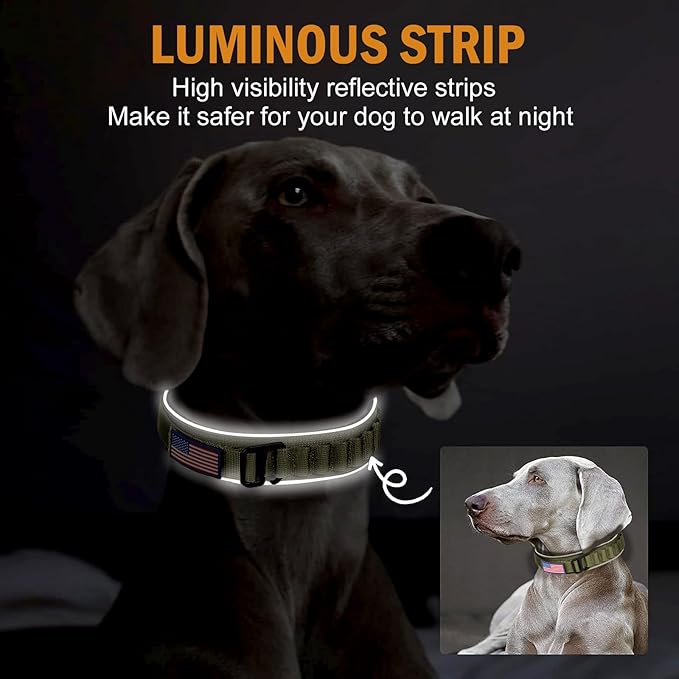 HYDEME Tactical Dog Collar, Alpine Loop Adjustable Military Training Nylon Dog Collars with Handle and Reflective for Small Medium Large Dogs, with Airtags Protective Case & Patches.(M,OliveGreen)