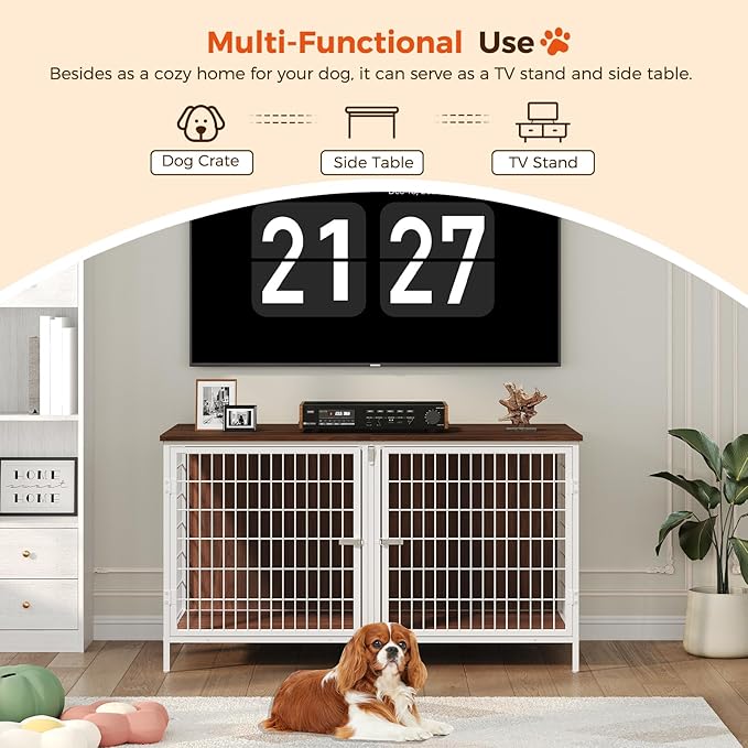 Dog Crate Furniture for 2 Dogs, 43.3" Dog Kennel with Removable Divider, Heavy Sturdy Dog Furniture Style Double Cage for Small Medium Dogs, Indoor Pet House End Table, White and Walnut