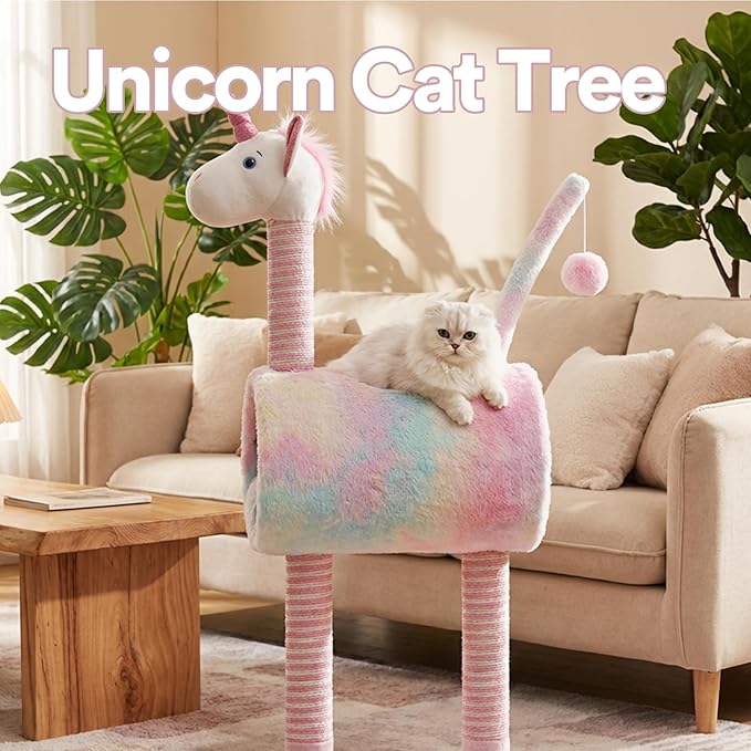ZEZE Tunnel Cat Tree Condo for Indoor Cats, Animal-Themed Cat Tower with Cozy Tunnel Hideout, 3 Sisal Scratching Posts, Hanging Ball Toy, Thick Base (Unicorn)