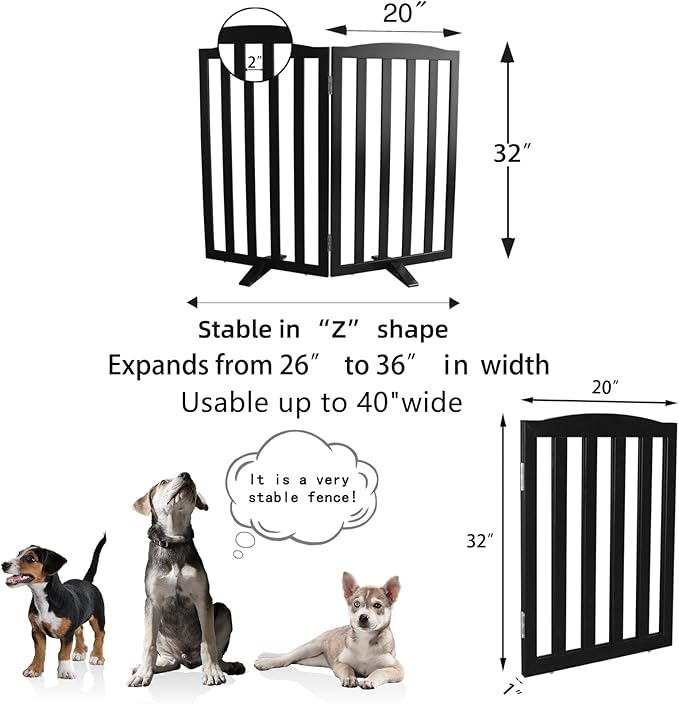 ZJSF Foldable Freestanding Indoor Dog Gate for House Wood Long Pet Gates Dog Fence for Stairs Puppy Gates for Hallways, Puppy Gate,Support Feet Included, Black, 32 "Height-2 Panels