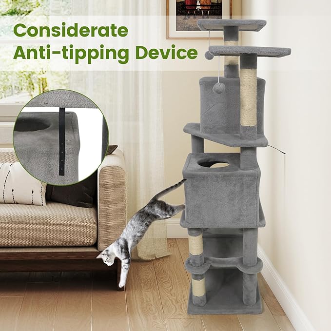 PETSITE 57-inch Modern Cat Tree, Multi-Level Cat Tower with 2 Comfy Condos, Sisal Scratching Posts, Plush Top Perch, Snug Hammock, and Dangling Balls, Ideal for Indoor Cats and Kittens (Grey)
