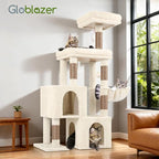Globlazer Cat Tree Condo Tower for Multiple Indoor Cats, 52in Multi-Level Cat Scratching Tree with Cat Condos, 5 Sisal Scratching Posts, 2 Padded Perches, Big Haging Basket, Widened Base, S52, Beige