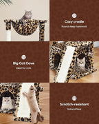 SYANDLVY Leopard Print Cat Tree for Indoor Cats, Small Cat Tower with Scratching Post & Board, Modern Activity House Condo with Cradle, Hanging Ball for Play, Kittens Cave