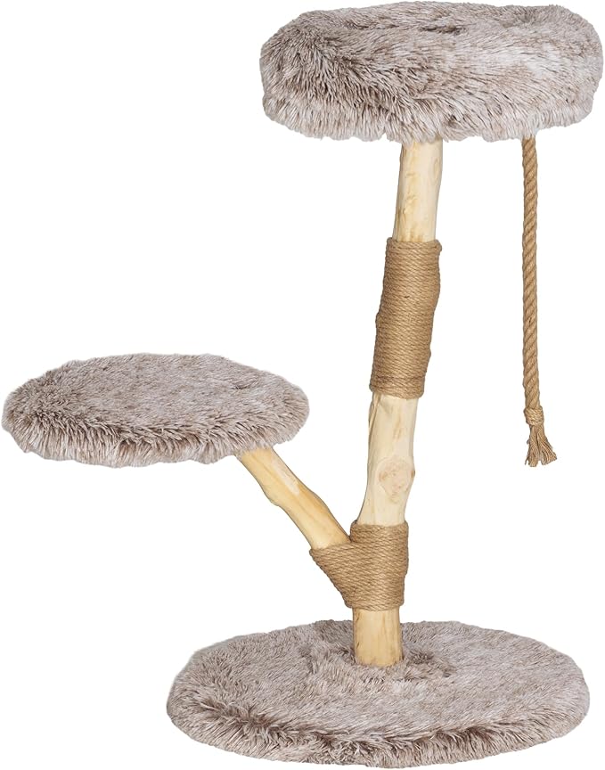 Modern 35” Cat Tree with Solid Wood Scratching Post – Indoor Cat Tower with Plush Bed & Rope Toy, Stable Round Base, Natural Brown Cat Condo for Cats Under 10 lbs