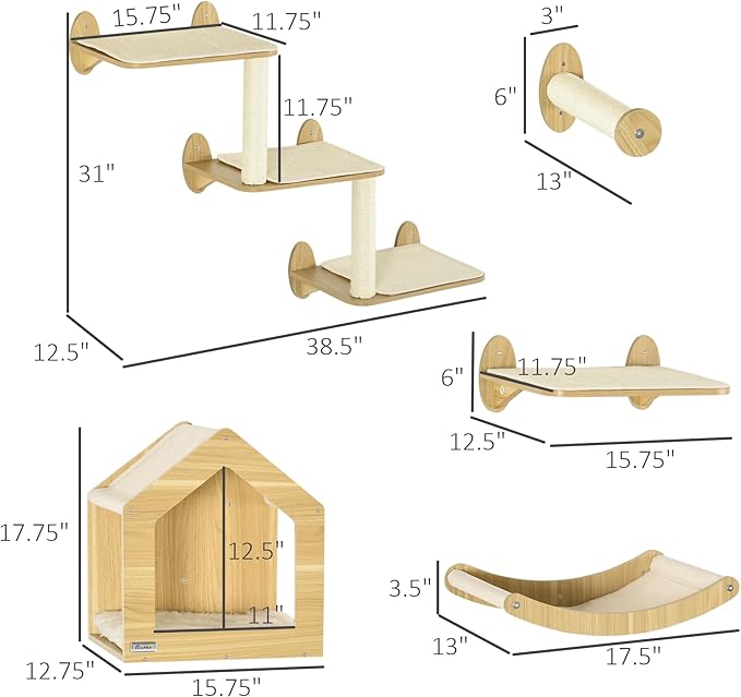 PawHut 8Pcs Wall Mounted Cat Tree Cat Shelf Set, Wall Furniture with Cat Hammocks, Condo, Perches, Steps, Modern Cat Tree for Indoor Cats