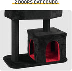 Gothic Cat Tree, Halloween Black Goth Cat Tower with Bat Toy & Playful Hole, Indoor Spooky Cat Trees Stand Climber Pole with Hanging Spiders Bats for Kitten, Black Red, Small