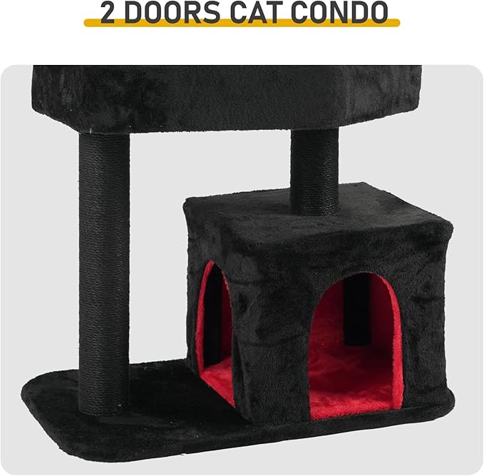 Gothic Cat Tree, Halloween Black Goth Cat Tower with Bat Toy & Playful Hole, Indoor Spooky Cat Trees Stand Climber Pole with Hanging Spiders Bats for Kitten, Black Red, Small