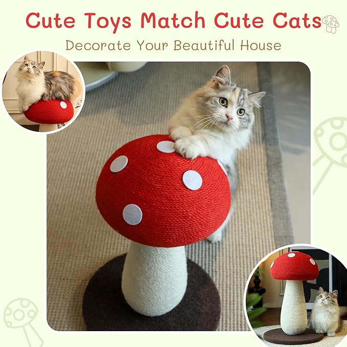 Cat Scratching Post Full Sisal Wrap Cat Tree Cute Mushroom Cat Tower Scratcher for Indoor Cats 19.7Inch
