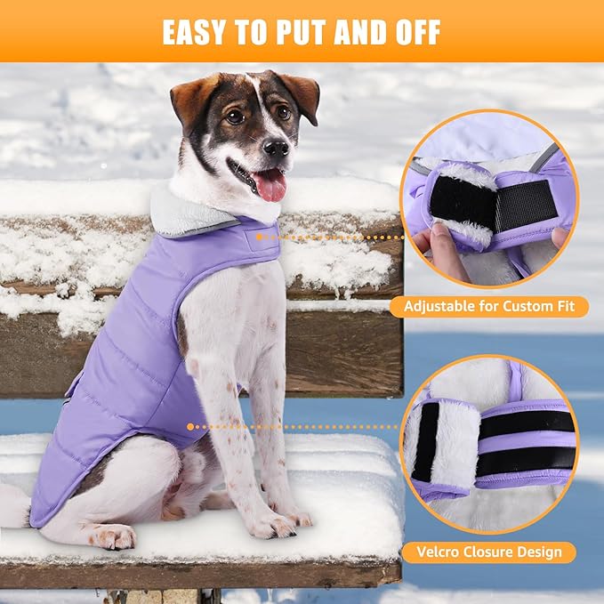 iBuddy Dog Winter Coat for Large Dogs, Easy on Dog Snow Fleece Coat Velcro Waterproof Pet Puffer Clothes with Harness Hole Adjustable Reflective Quilted Pet Cold Weather Vest Wind-poof for Girl Female