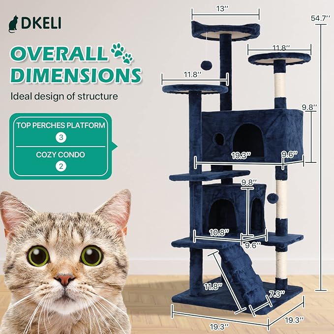 Cat Tree for Indoor Cats Cat Condo Cat Tower with Scratching Post Cat Tease Ball Perches Platform for Small and Medium Cats 54 Inch Multi-Level, Navy Blue