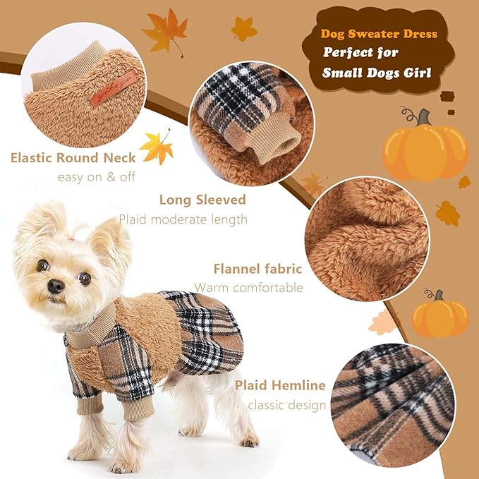Dog Sweater Dog Winter Clothes for Small Dogs Boy Girl Fall Puppy Dress Warm Fleece Chihuahua Yorkie Teacup Doggie Sweaters Dresses for Small Dogs Girl Cat Outfits, Brown Plaid, XS