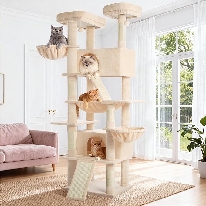 Cat Tree 82 in Multi-Level Cat Tower for Indoor Cats, Heavy Duty Large Cat Tree with Sisal Scratching Posts, Hammock, 2 Perches, 2 Condos, 2 Hanging Baskets, Beige