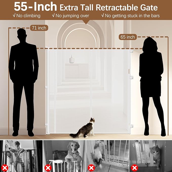 Reinforced 55" Extra Tall Cat Gate for Doorway - No Jumping Over/Crawling Under, Retractable Baby Gate for Cats Fits Openings up to 55" Wide, Retractable Dog Gate Indoor Tall Pet Gate for Stairs/White