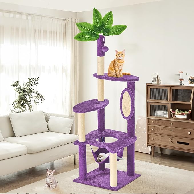 60" Cat Tree for Indoor Cats with Green Leaves, Multi-Level Large Cat Tower with Hammock, Plush House w/Hang Ball Toy and Scratching Posts (Purple)
