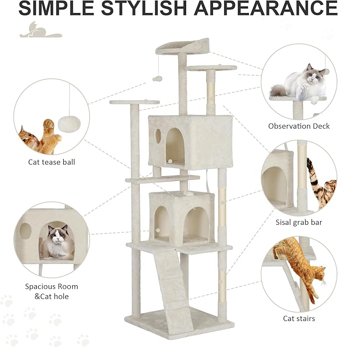 81" Multi-Level Cat Tree Tower with Scratching Posts - Space-Saving Design for Indoor Kittens Toys & Condo, Compact Floor Footprint & Vertical Space for Multi-Cat Homes-Beige