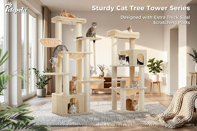 PETEPELA 67" XXL Cat Tree for Large Cats up to 25 lbs, Heavy Duty Cat Tower w/13 Extra-Thick Sisal Scratching Posts [φ4.3”], Cat Furniture with Metal Frame Hammock & XL Condo for Maine Coon, Beige