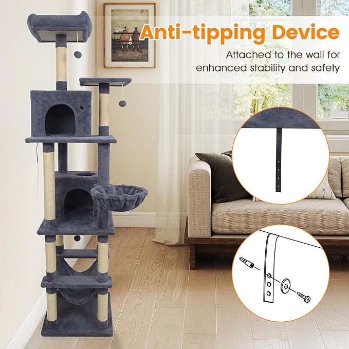 PETSITE 80-inch Tall Modern Cat Tree, Multi-Level Cat Tower with 2 Comfy Condos, Sisal Scratching Posts, Side Basket, Snug Hammock, and Dangling Balls, Ideal for Indoor Cats and Kittens (Dark Grey)