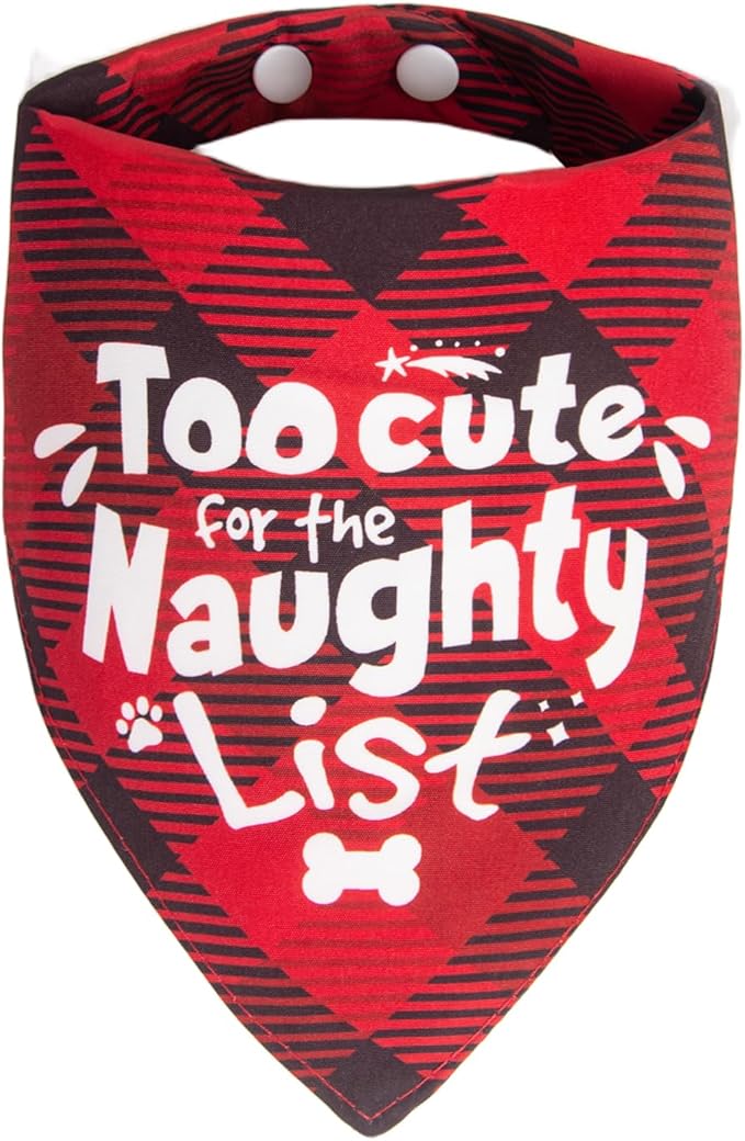 Christmas Dog Bandanas Naughty & Nice Idea Funny Holiday Stocking Pet Scarf Gifts - Too Cute for the Naughty List, Red Plaid, Medium & Large Breed, 25-75lbs