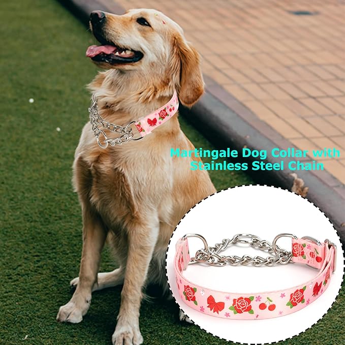 Martingale Dog Collar with Chain - Rose Flower Pattern Adjustable Anti Pull Training Collar Soft & Durable Design for Medium, Large & XL Dogs (Large, Rose Flower)
