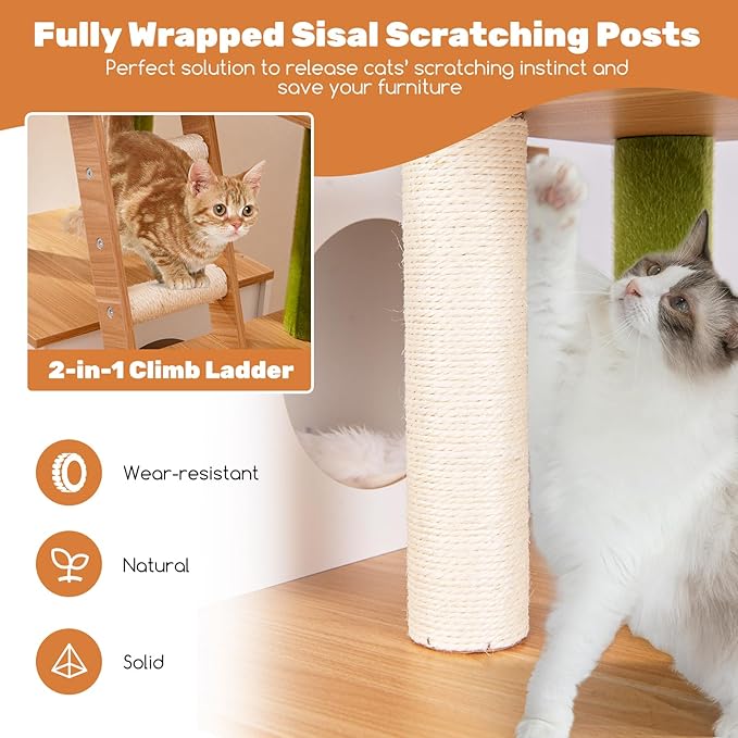 PETSITE Cat Tree with Litter Box Enclosure, Multi-Level Modern Cat Tree Tower with Sisal Scratching Posts, Cat Condo, Ladder, Dangling Balls, Interactive Sisal Rope, and Hidden Litter Box