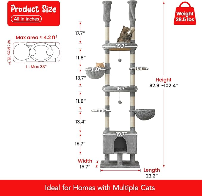Cat Tree, Floor to Ceiling Cat Tower Adjustable Height [92.9-102.4 in=235-258cm], 7 Tiers Cat Climbing Play House with Scratching Post, Cozy Condo&Hammocks for Indoor Cats, Light Grey