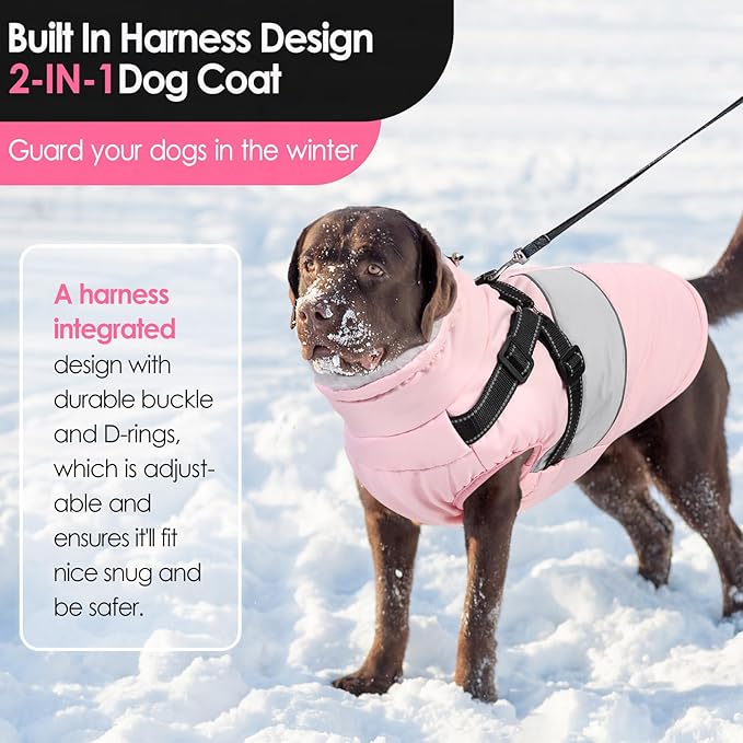 AOFITEE Dog Winter Coat, Dog Coat with Harness Built in, Dogs Jacket for Large Dogs, Reflective Waterproof Pet Puffer Jacket Snowsuit, Warm Fleece Windproof Pet Sweater for Cold Weather, XL
