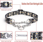 Martingale Dog Collar - Stainless Steel Chain, No Pull Training Collar with Flower Design for Large Medium Small Dogs (S, Green)