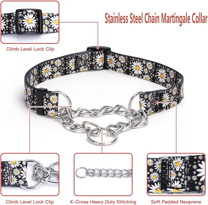 Martingale Dog Collar - Stainless Steel Chain, No Pull Training Collar with Flower Design for Large Medium Small Dogs (S, Peony)