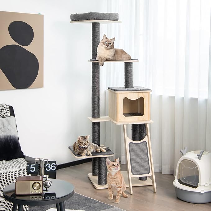 Tangkula Tall Cat Tree, 69 Inch 5-Tier Wood Cat Tower with Scratching Sisal Posts, Top Perch, Cute Cat Condo, Modern Cat Tree with Washable Cushions for Indoor Cats Large Adult (Grey)