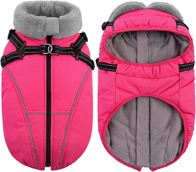 Queenmore Dog Jackets for Large Dogs,Dog Coat with Harness Built in,Waterproof Dogs Coats with Zipper On Back,Warm Fleece Lining Cold Weather Pet Coats with Furry Collar for Labrador,Rosered,XL