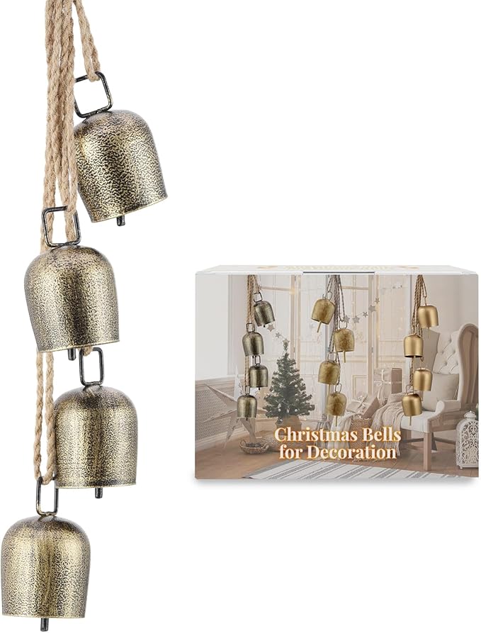 Christmas Bells,Vuskly Gold Bells Metal Hanging Bells with Jute Rope Christmas Bells for Decoration Vintage Ideal for Christmas Tree, Wreath,Party, Wedding Decorations1.6W x 20H