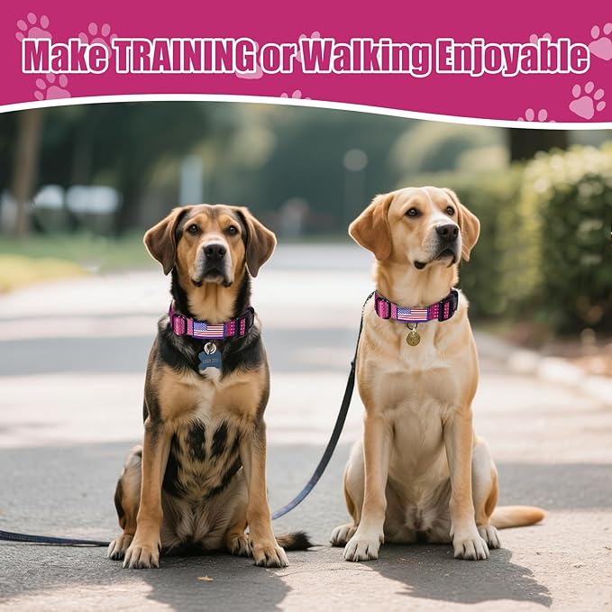 Martingale Collar for Dogs, Reflective Heavy Duty with Quick Release Nylon Buckle-USA Flag-No Pull Training Choker for Walking, Training, Hot Pink,M